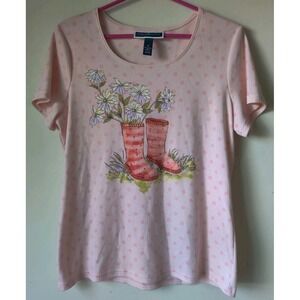 Karen Scott Women's M Short‎ Sleeve T-Shirt Pink Rain Boots/Flowers Cotton Blend